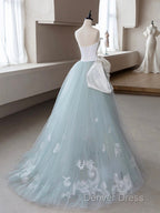 A Line Blue Tulle Lace Applique Long Prom Dress, Blue Long Prom Dresses