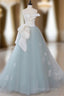 A Line Blue Tulle Lace Applique Long Prom Dress, Blue Long Prom Dresses
