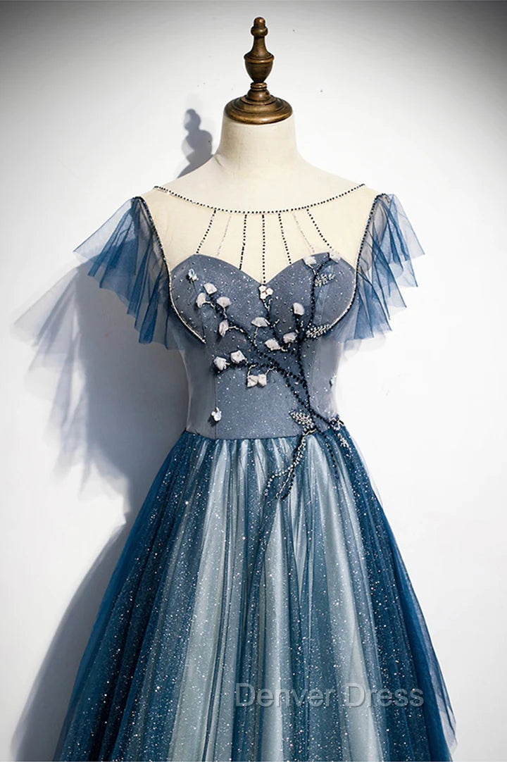 A Line Blue Tulle Long Beaded Prom Dress, A Line Prom Dresses Secondary image