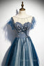 A Line Blue Tulle Long Beaded Prom Dress, A Line Prom Dresses