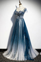 A-line Blue Tulle Long Beaded Prom Dresses, A-Line Formal Evening Dresses