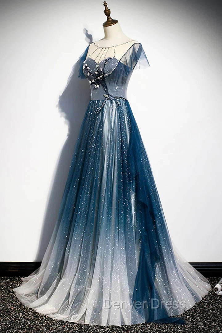 A-line Blue Tulle Long Beaded Prom Dresses, A-Line Formal Evening Dresses