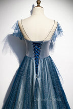 A Line Blue Tulle Long Beaded Prom Dress, A Line Prom Dresses