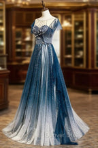 A-line Blue Tulle Long Beaded Prom Dresses, A-Line Formal Evening Dresses