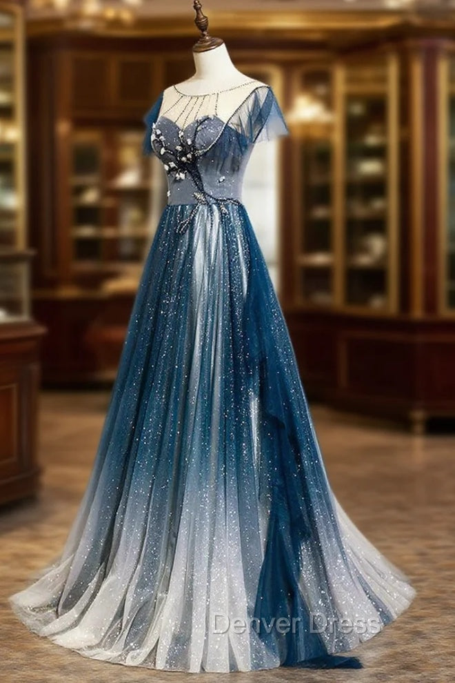 A-line Blue Tulle Long Beaded Prom Dresses, A-Line Formal Evening Dresses