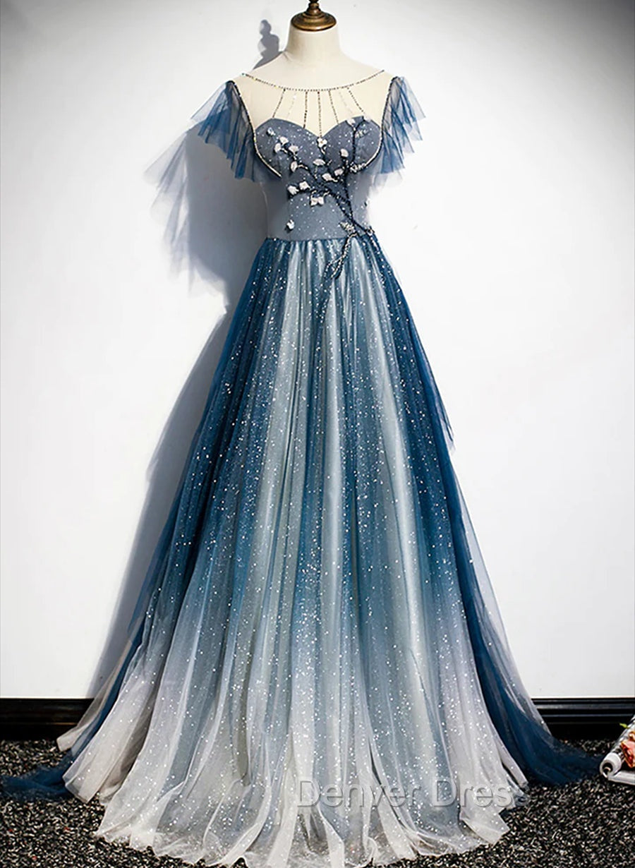 A-line Blue Tulle Long Beaded Prom Dresses, A-Line Formal Evening Dresses Main image