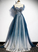 A-line Blue Tulle Long Beaded Prom Dresses, A-Line Formal Evening Dresses
