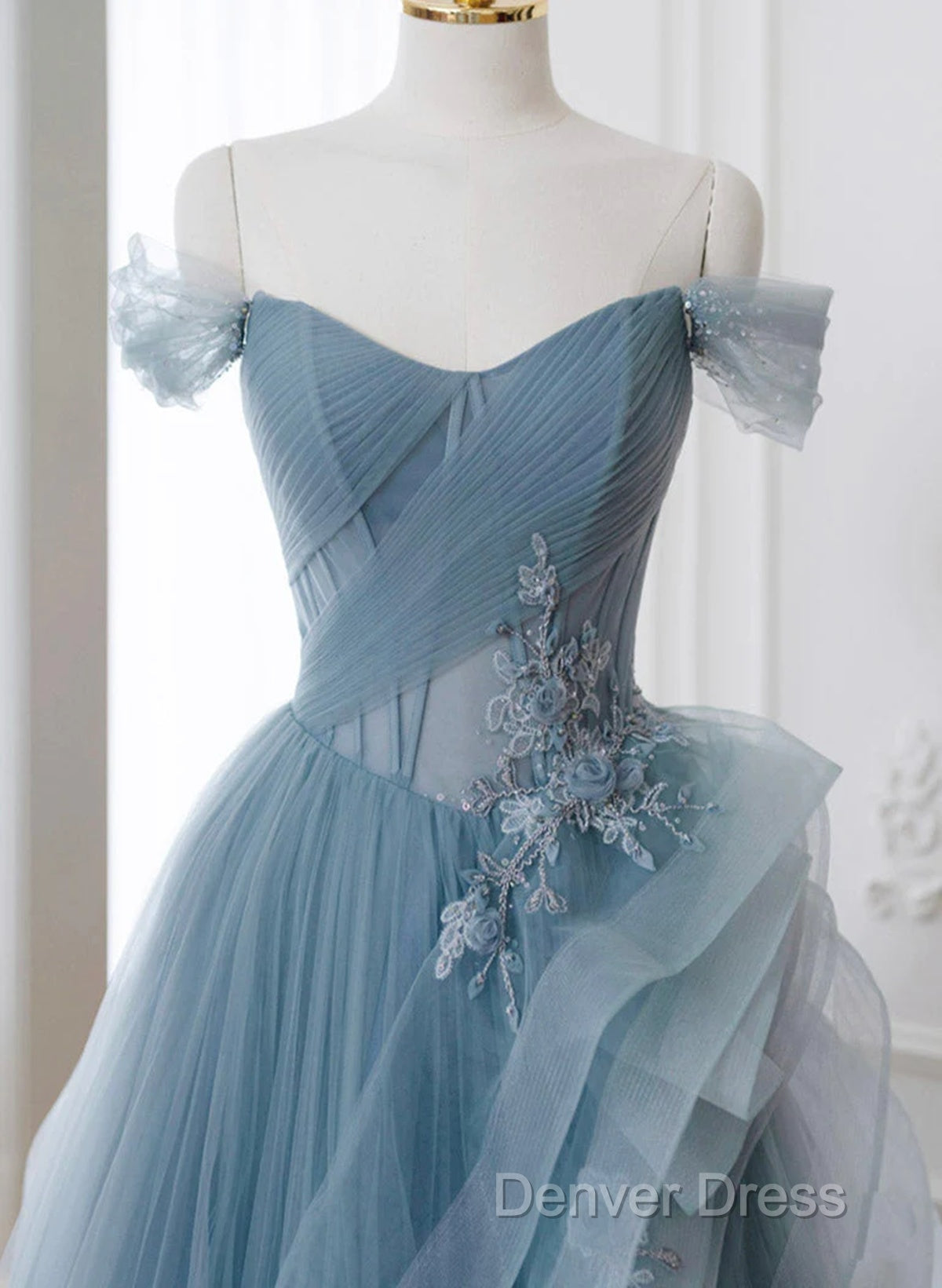 A Line Blue Tulle Long Prom Dress With Lace, Off Shoulder Tulle Prom Dresses