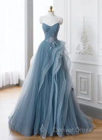 A Line Blue Tulle Long Prom Dress With Lace, Off Shoulder Tulle Prom Dresses