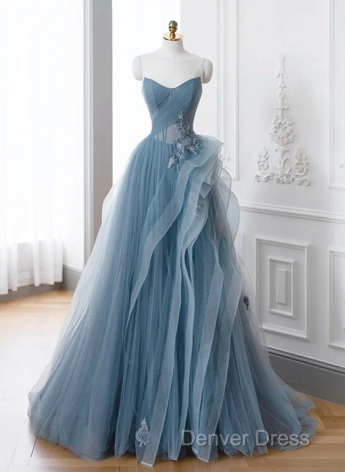 A Line Blue Tulle Long Prom Dress With Lace, Off Shoulder Tulle Prom Dresses