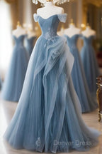 A Line Blue Tulle Long Prom Dress With Lace, Off Shoulder Tulle Prom Dresses