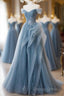 A Line Blue Tulle Long Prom Dress With Lace, Off Shoulder Tulle Prom Dresses