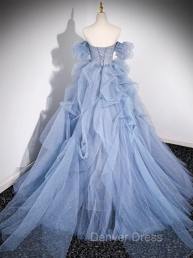 A Line Blue Tulle Long Prom Dress, Blue Long Prom Dresses Secondary image