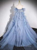 A Line Blue Tulle Long Prom Dress, Blue Long Prom Dresses