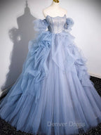 A-line Blue Tulle Long Prom Dresses, Blue Long Evening Dresses