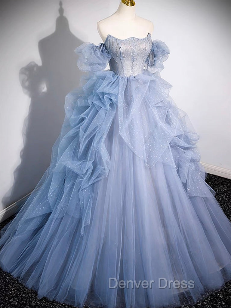 A-line Blue Tulle Long Prom Dresses, Blue Long Evening Dresses