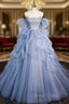A-line Blue Tulle Long Prom Dresses, Blue Long Evening Dresses