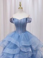 A-Line Blue Tulle Long Prom Dresses, Blue Sweet 16 Dresses