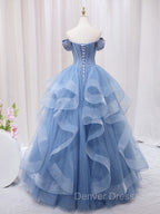 A-Line Blue Tulle Long Prom Dresses, Blue Sweet 16 Dresses