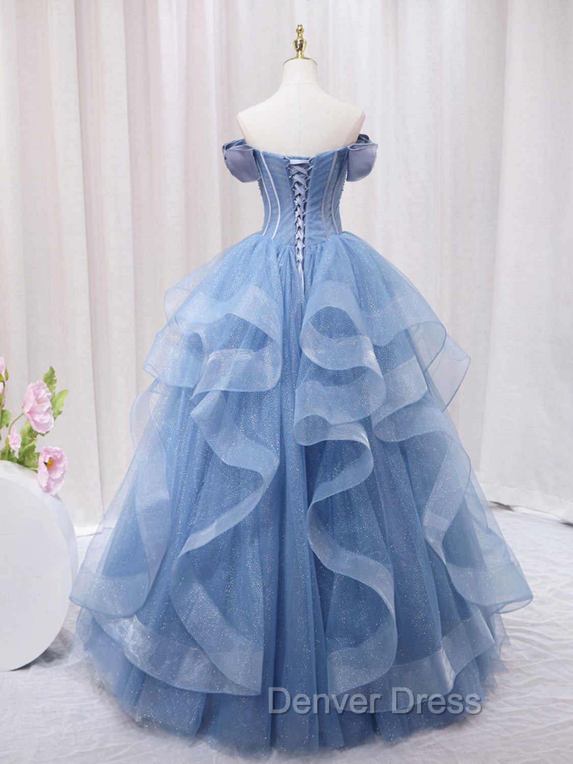 A-Line Blue Tulle Long Prom Dresses, Blue Sweet 16 Dresses