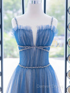 A Line Blue Tulle Long Prom Dress, Blue Tulle Prom Dresses