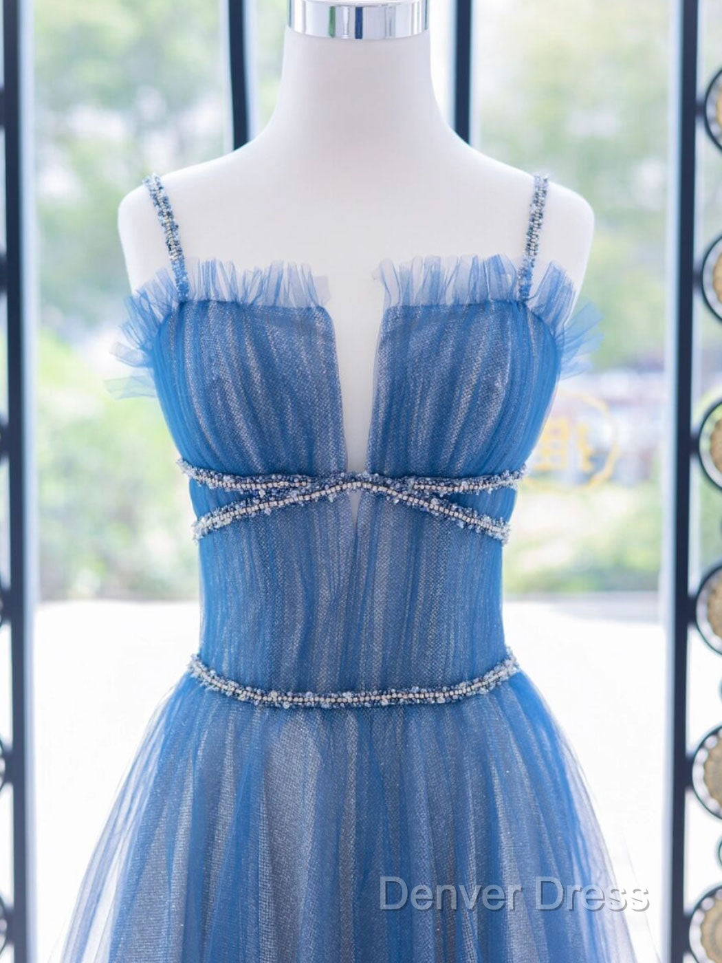 A Line Blue Tulle Long Prom Dress, Blue Tulle Prom Dresses