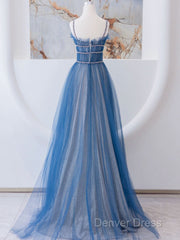 A-Line Blue Tulle Long Prom Dress, Blue Tulle Formal Dresses
