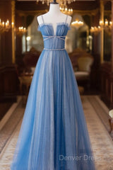 A-Line Blue Tulle Long Prom Dress, Blue Tulle Formal Dresses