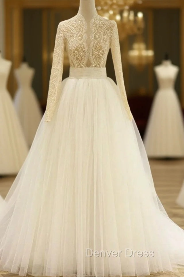 A Line Blue Tulle Long Sleeve Deep V Neck Wedding Dresses