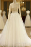 A Line Blue Tulle Long Sleeve Deep V Neck Wedding Dresses