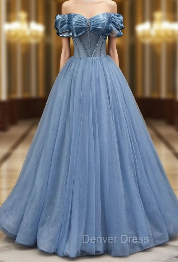 A Line Blue Tulle Off the Shoulder Beading Pleats Prom Dresses Main image