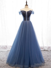 A-Line Blue Tulle Off the Shoulder Beading Prom Dress