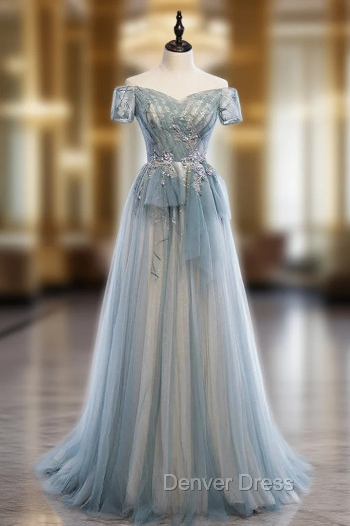 A Line Blue Tulle Off the Shoulder Short Sleeve Prom Dresses Main image