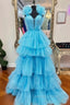 A-LIne Blue Tulle Pleats Prom Dresses