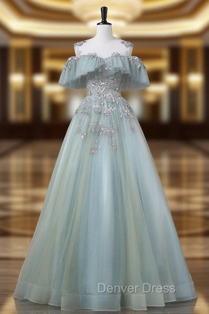 A-Line Blue Tulle sequin Lace Long Prom Dresses, Blue Lace Sweet 16 Dresses