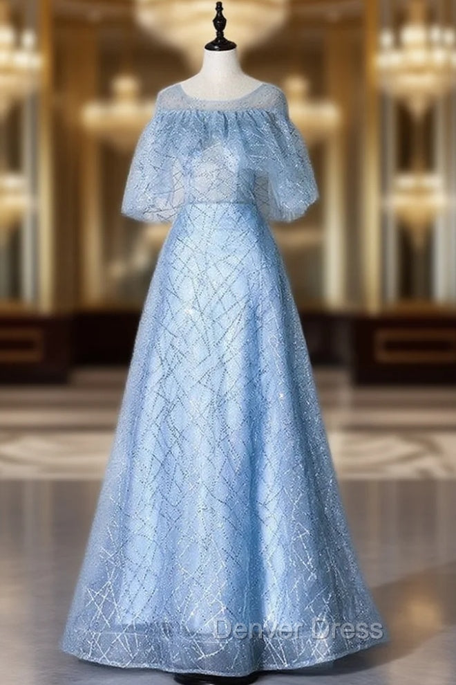 A Line Blue Tulle Sequins Bat Sleeve Prom Dresses Main image
