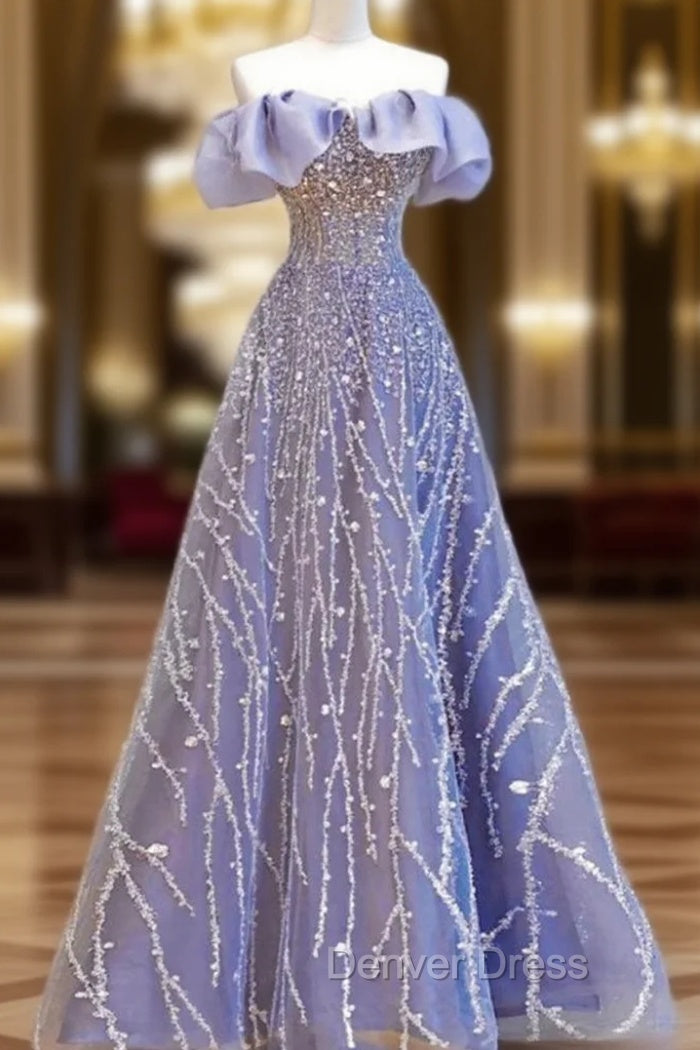 A Line Blue Tulle Sequins Off the Shoulder Prom Dresses Main image