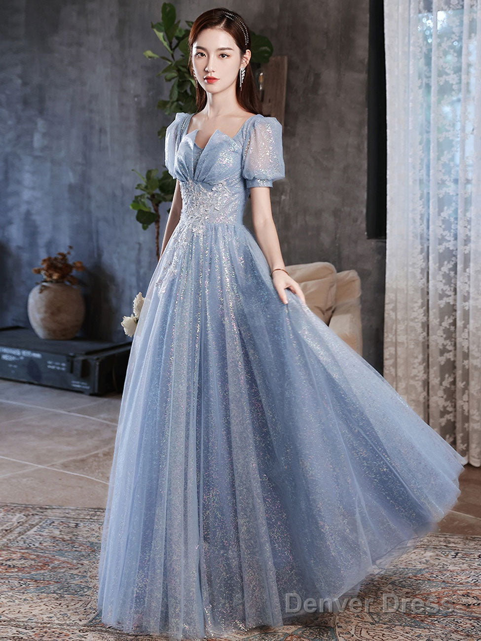 A Line Blue Tulle Shiny Long Prom Dress, Blue Prom Dresses Secondary image