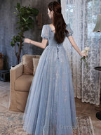 A Line Blue Tulle Shiny Long Prom Dress, Blue Prom Dresses