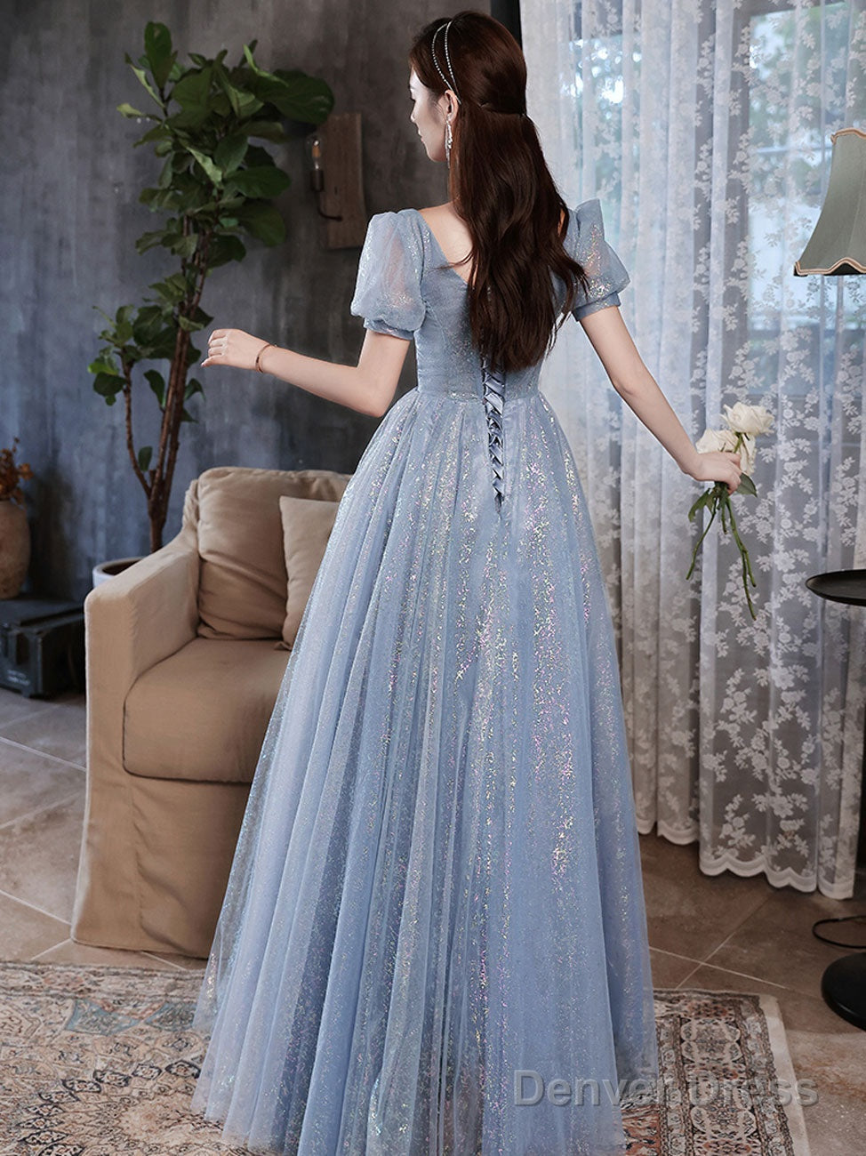 A Line Blue Tulle Shiny Long Prom Dress, Blue Prom Dresses