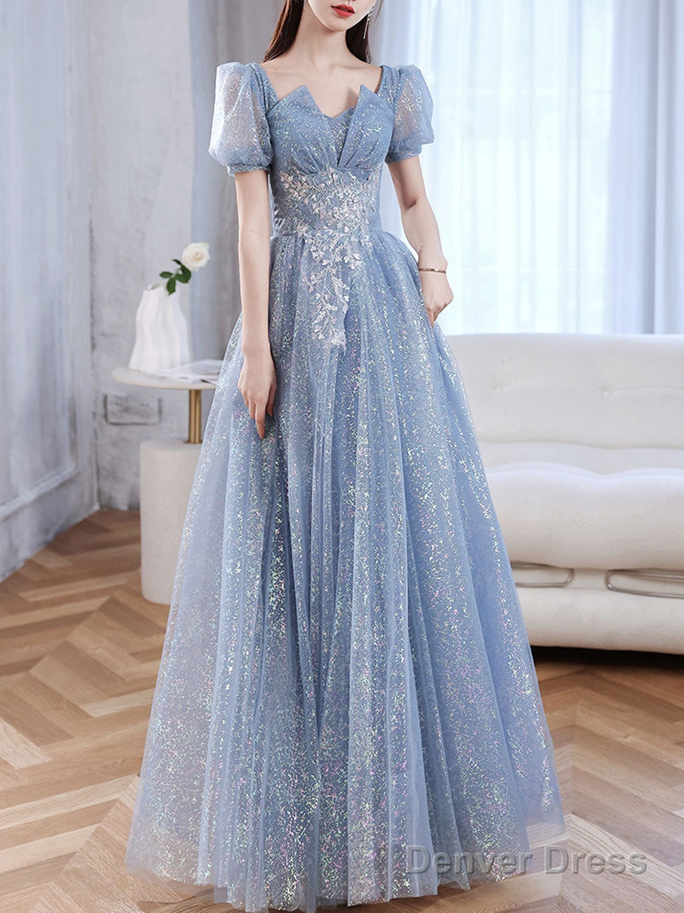 A Line Blue Tulle Shiny Long Prom Dress, Blue Prom Dresses