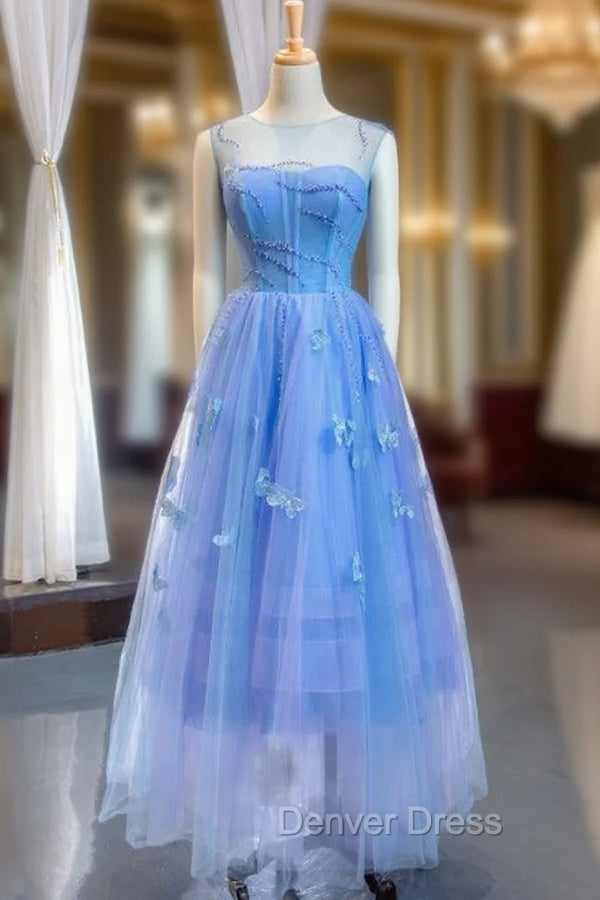 A Line Blue Tulle Sleeveless Butterfly Backless Beading Prom Dresses