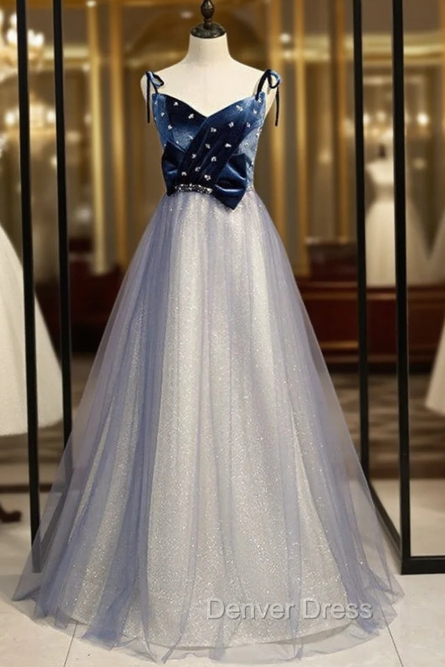 A-Line Blue Tulle Spaghetti Straps Beading Prom Dresses 2020 Main image