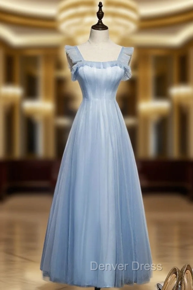 A-Line Blue Tulle Straps Ankle Length Prom Dresses Main image
