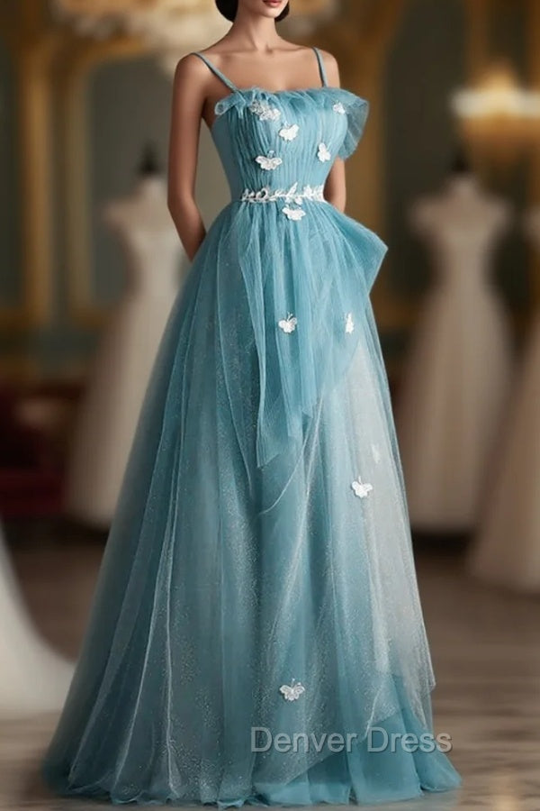 A Line Blue Tulle Straps Long Prom Dress, Blue Long Prom Dress Secondary image