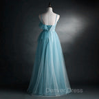 A-line Blue Tulle Straps Long Formal Dresses, Blue Long Evening Dresses Prom Dresses