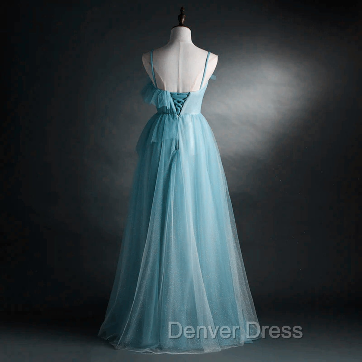 A-line Blue Tulle Straps Long Formal Dresses, Blue Long Evening Dresses Prom Dresses