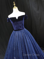 A Line Blue Tulle Velvet Long Prom Dress, Blue Prom Dresses