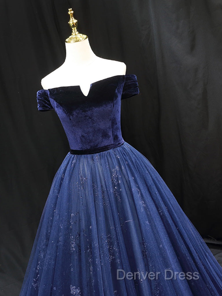 A Line Blue Tulle Velvet Long Prom Dress, Blue Prom Dresses