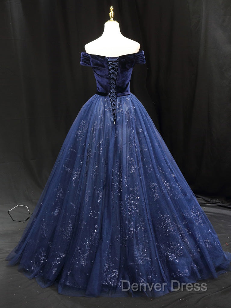 A Line Blue Tulle Velvet Long Prom Dress, Blue Prom Dresses